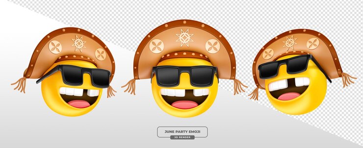 PSD emoticons com chapéus de sol e óculos de sol celebrando a festa de junho cangaceiro render 3d