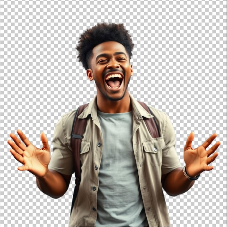 PSD émotions positives portrait d'un jeune homme heureux à la peau noire avec une coupe de cheveux afro dans un style décontracté