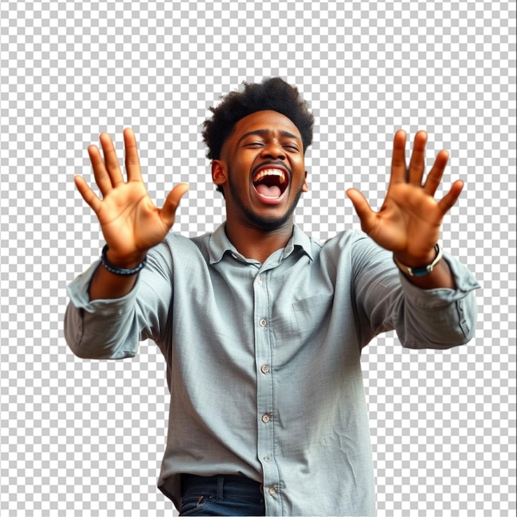 PSD émotions positives portrait d'un jeune homme heureux à la peau noire avec une coupe de cheveux afro dans un style décontracté