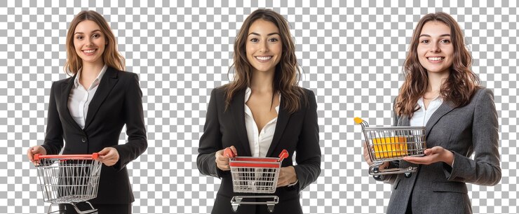 PSD empaque de mujer de negocios sonriente con un mini carrito de compras establecido contra un fondo transparente para temas de venta al por menor o comercio electrónico