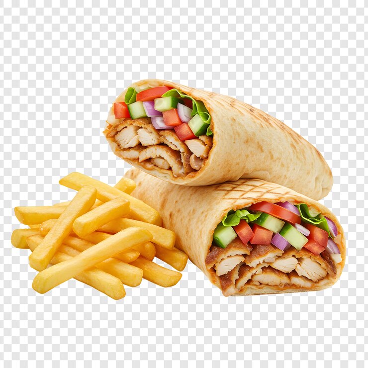 PSD empaquetado de pollo shawarma con patatas fritas