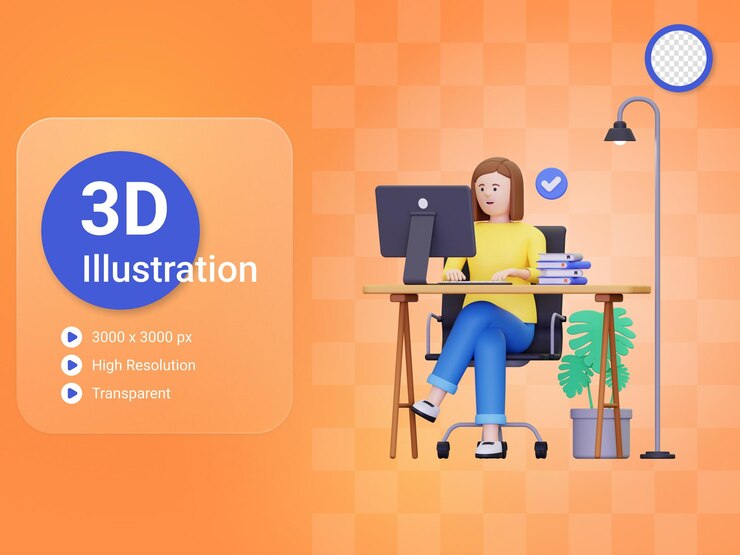 PSD la empleada de 3d está terminando su ilustración de trabajo.