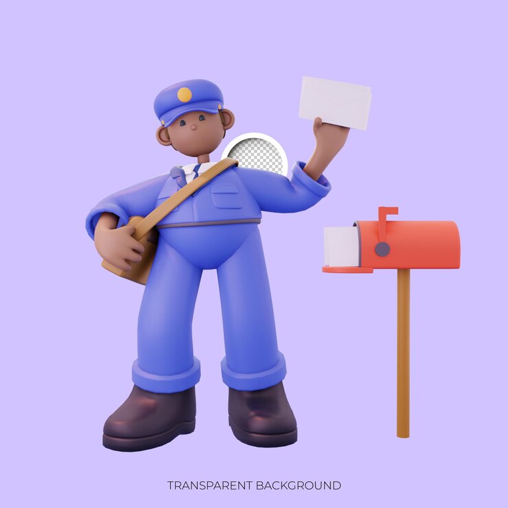 PSD empleado postal masculino toma una carta de la caja de correos de la parte delantera