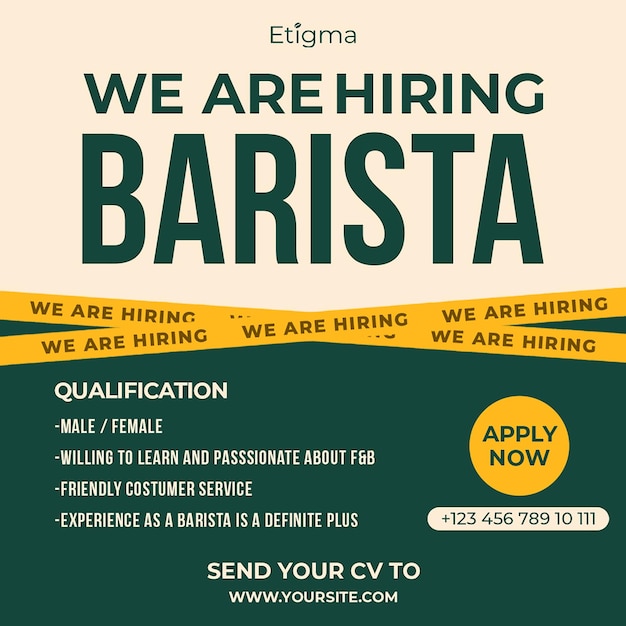 PSD empleo de barista en el fondo verde y crema plantilla de post de instagram