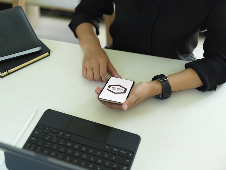 PSD employé de bureau à l'aide de smartphone maquette sur table de travail