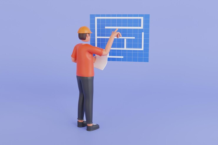 PSD empreiteiro procurando ilustração 3d de impressão de azul