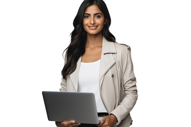 Emprendedora exitosa empoderando positivamente con una computadora portátil elegante aislada