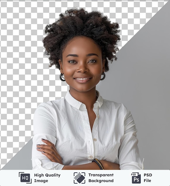 PSD empresaria afro chica de negocios sonriendo a la cámara cruzando las manos copia el espacio aislado en un fondo aislado
