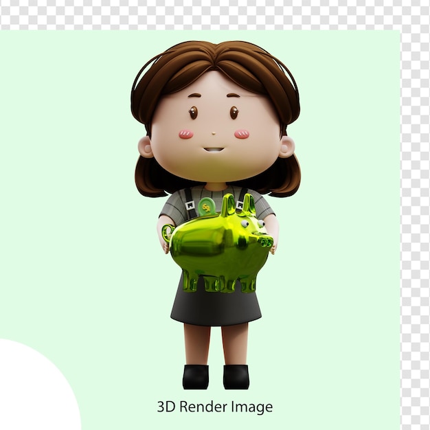 Empresária de personagem de desenho animado de ilustração 3d com cofrinho