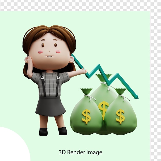 PSD empresaria de personaje de dibujos animados de ilustración 3d con bolsa de dinero