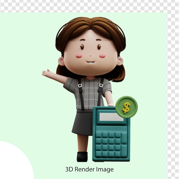 Empresaria de personaje de dibujos animados de ilustración 3d con calculadora