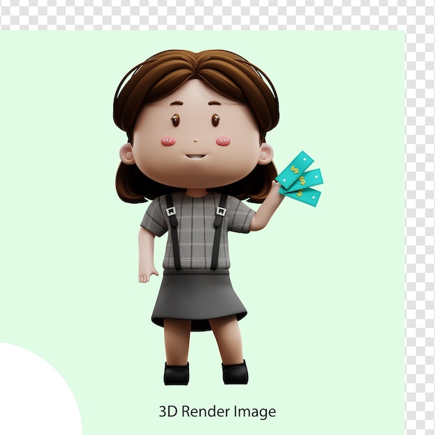 Empresaria de personaje de dibujos animados de ilustración 3d con dólar de dinero