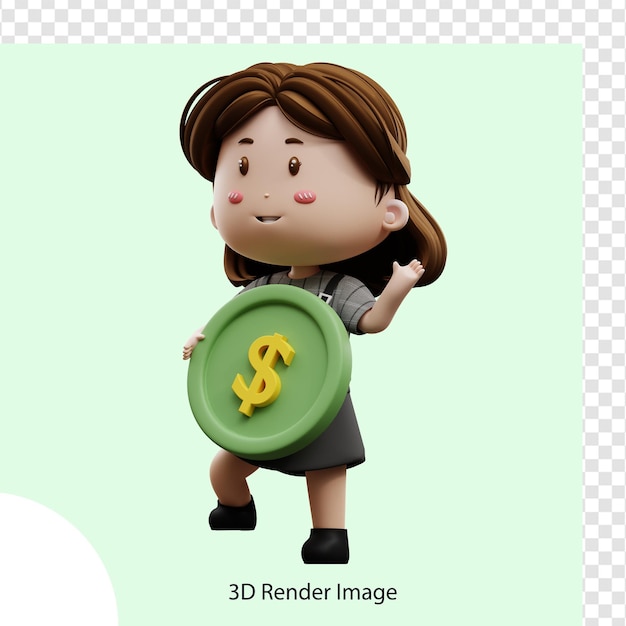 PSD empresaria de personaje de dibujos animados de ilustración 3d con dólar de moneda