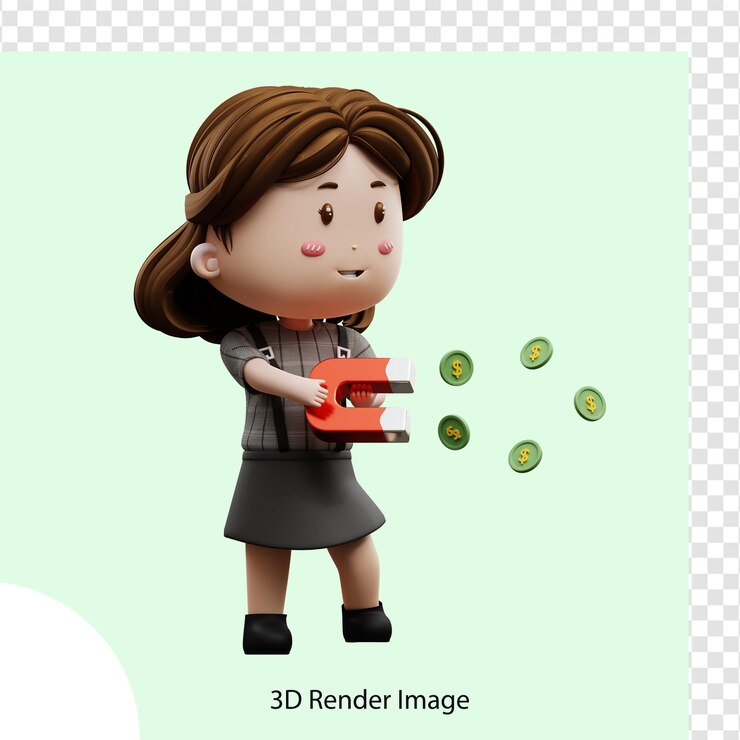 PSD empresaria de personaje de dibujos animados de ilustración 3d con dólar de moneda