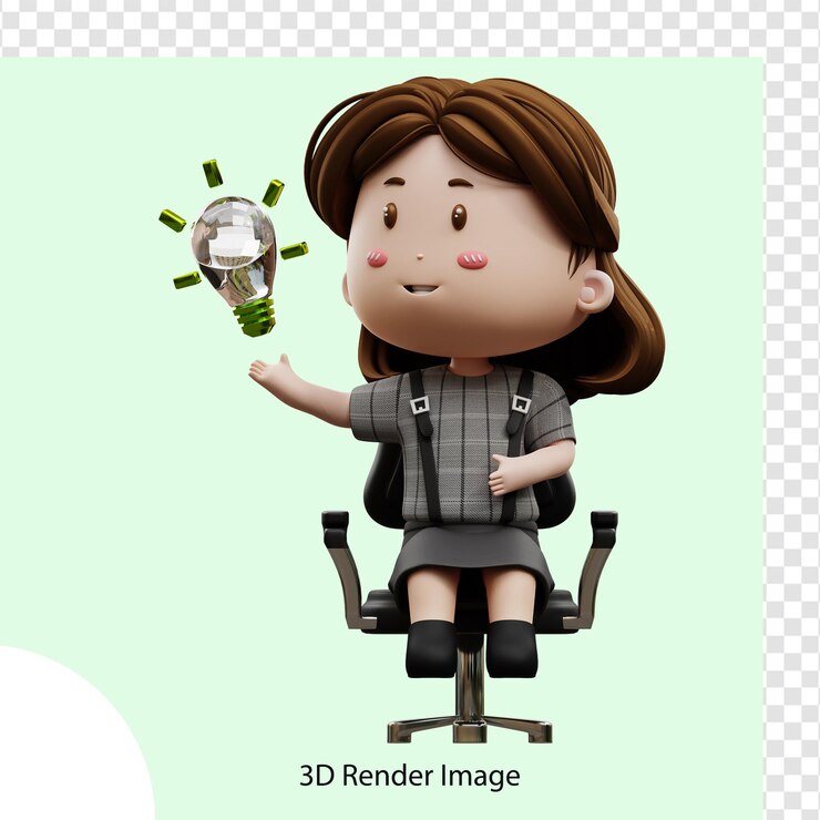 PSD empresaria de personaje de dibujos animados de ilustración 3d con idea