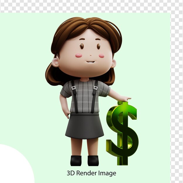 Empresaria de personaje de dibujos animados de ilustración 3d con símbolo de dólar