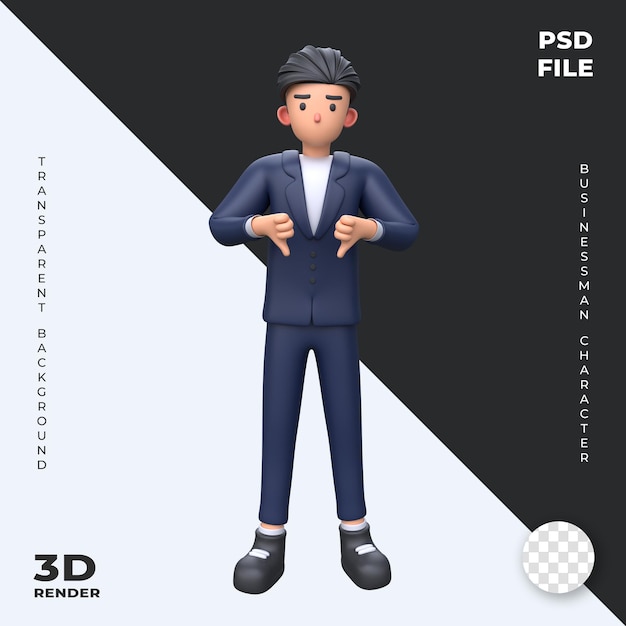 Empresário 3d mostrando os polegares para baixo o conceito de negócio de ilustração de personagem de desenho animado de gesto