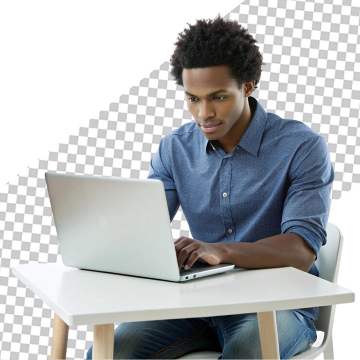 PSD empresario afroamericano usando una computadora portátil y posando