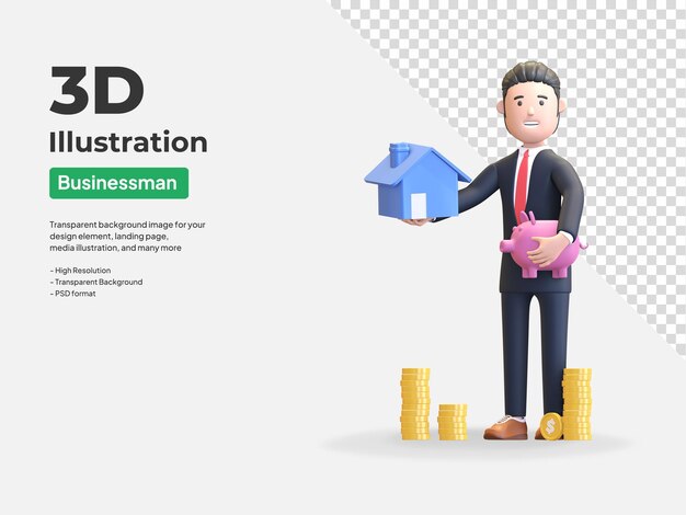 Empresario ahorrando dinero para comprar la ilustración 3d del personaje de la casa