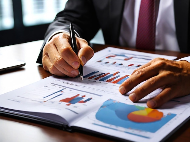 Empresário analisando o planejamento de recursos da empresa ERP gráfico de dados de negócios utilizando software ERP