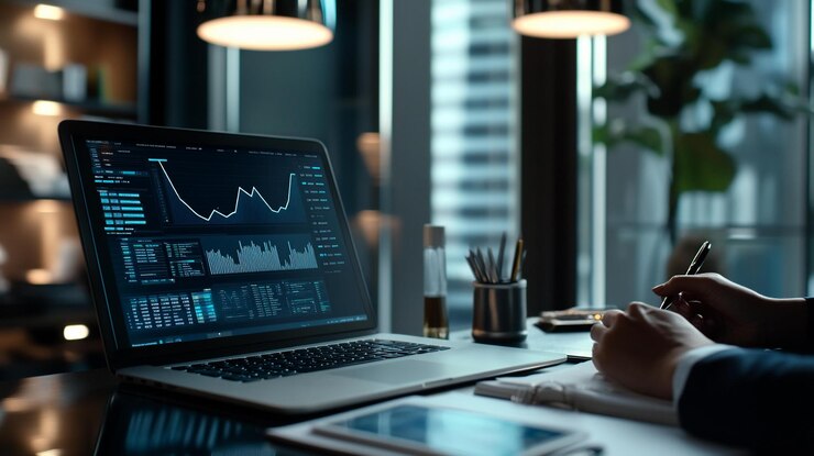 PSD empresario analizando datos financieros en una computadora portátil tomando notas