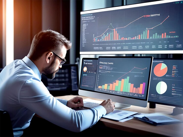 Empresario analizando la planificación de recursos empresariales ERP gráfico de datos empresariales utilizando el software ERP