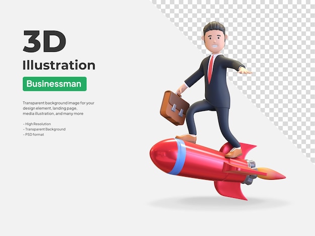 Empresário andando de foguete leva à ilustração 3d do personagem da empresa de sucesso