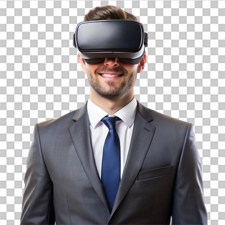 PSD empresario con auriculares de realidad virtual aislados sobre un fondo transparente
