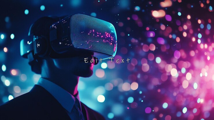PSD empresario con auriculares de realidad virtual en una luz vibrante