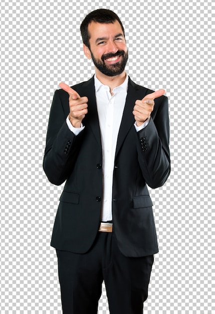Empresário bonito apontando para a frente