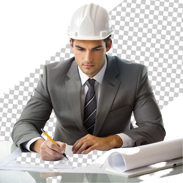 PSD empresario en casco mirando nuevos dibujos aislado en blanco