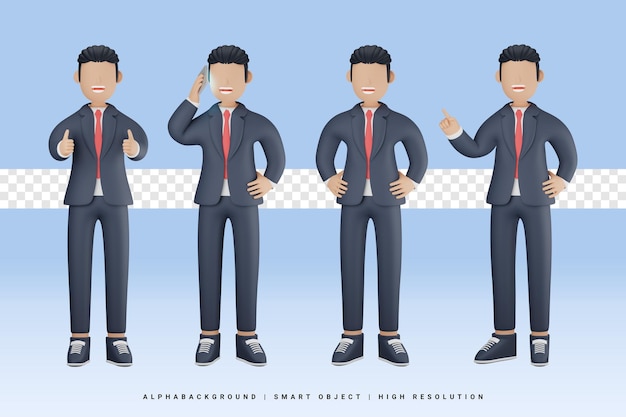 PSD empresário com ilustração de personagem 3d de gestos diferentes