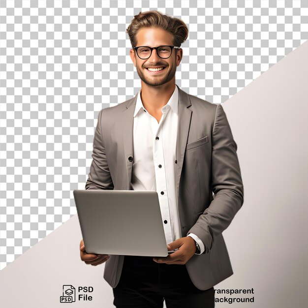 PSD empresario con una computadora portátil aislada en un archivo png de fondo transparente