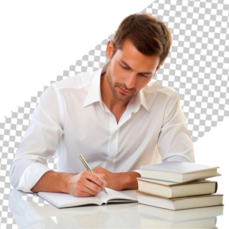 PSD empresario confiado en traje escribiendo notas
