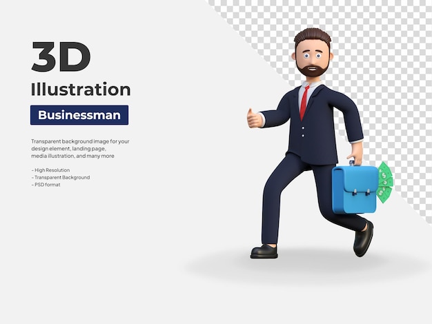 Empresário corre e carregando mala de dinheiro ilustração de personagem 3d