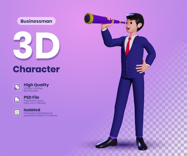 PSD empresário de pé e olhando através de binóculos conceito de visão de negócios ilustração 3d