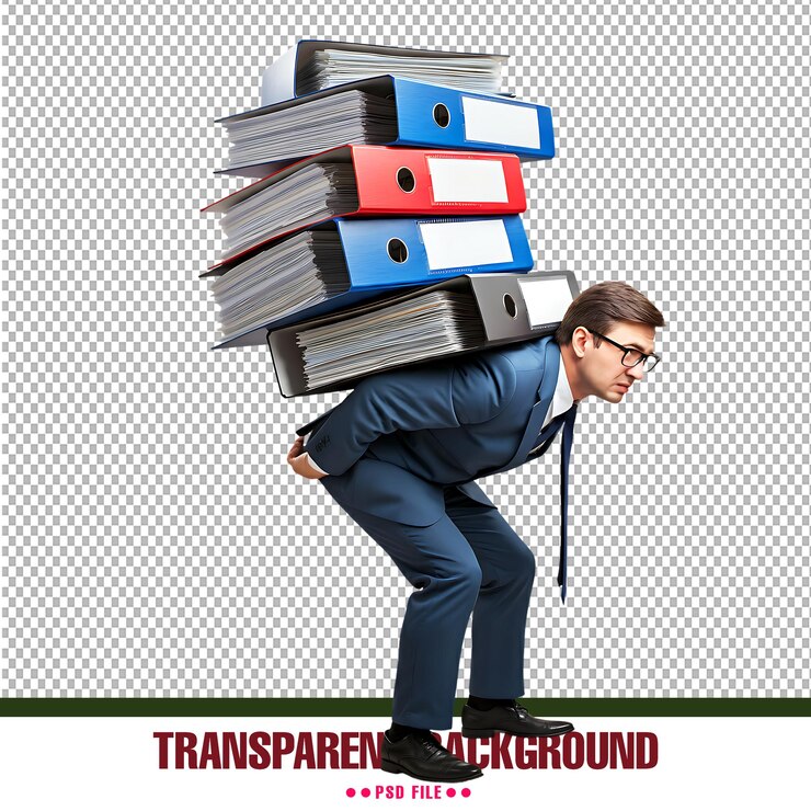 PSD empresario estresado con una gran pila de archivos psd ideal para temas corporativos y de productividad