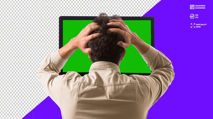 PSD empresario estresado sosteniendo su cabeza frente a la pantalla de la computadora abrumado por la tecnología
