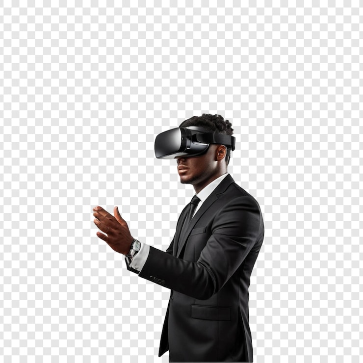 PSD empresario experimentando la tecnología de auriculares de realidad virtual inmersiva