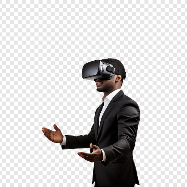 Empresário experimentando tecnologia de fones de ouvido de realidade virtual imersiva