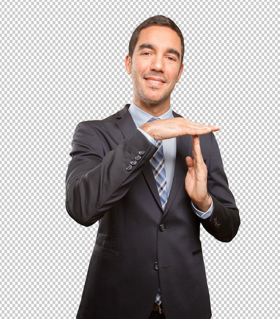 Empresario feliz haciendo un gesto de descanso