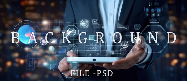 PSD empresario con icono pantalla de datos grandes análisis de negocios y crecimiento económico con gráfico virtual a través de la transparencia digital