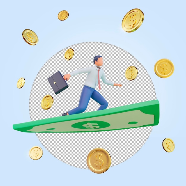 Empresario de ilustración 3D con monedas de dólar