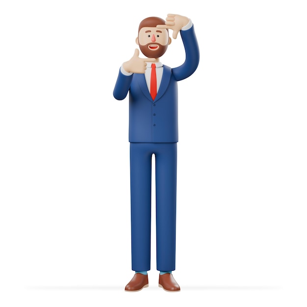 Un empresario de ilustraciones 3D hace un letrero enmarcado con ambas manos y se prepara para ser fotografiado