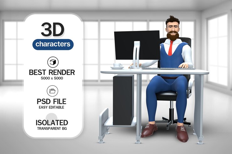 PSD empresario de renderizado 3d oficina y computadora trabajador de oficina escribiendo en la computadora