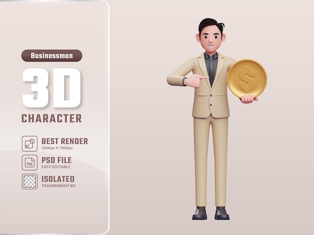 Empresário segurando uma moeda e apontando para ilustração de personagem de empresário 3d