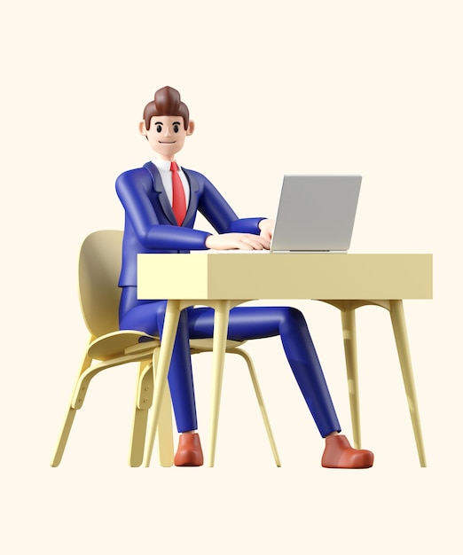 empresário sentado e trabalhando em laptop3D ilustração de desenho animado bonito sorrindo isolado em fundo branco