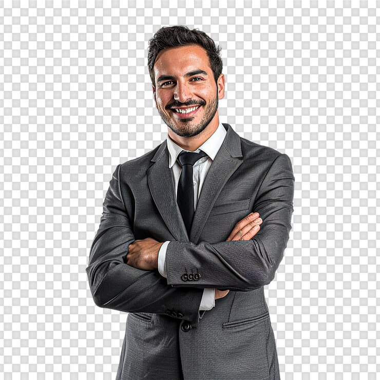 PSD empresário sério de terno preto, braços cruzados, isolado em fundo transparente.