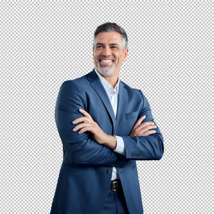 PSD empresário sorridente de fato azul com os braços cruzados