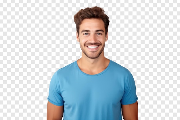 Empresário sorridente vestindo camisa azul segurando telefone na mão em fundo transparente psd